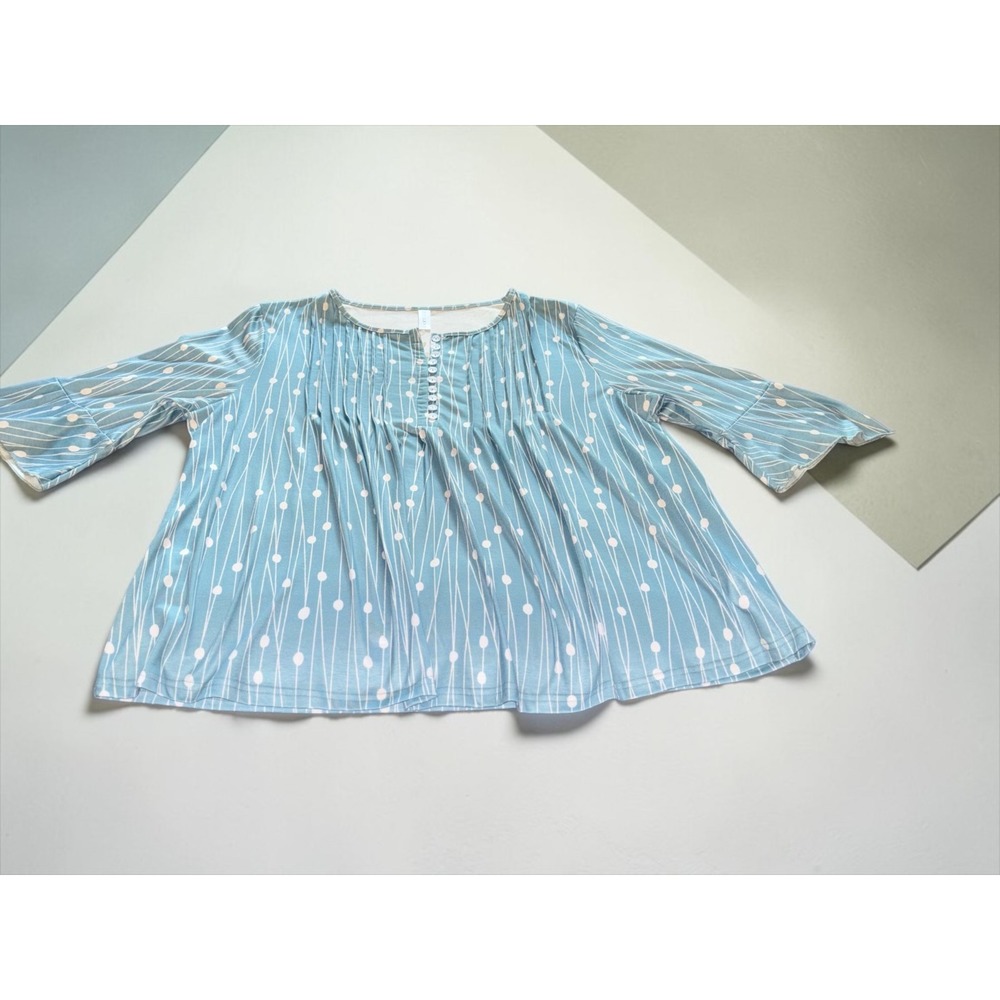 Zolucky Teal Blue Abstract Dotted Line Pleated Henley Bell Sleeve Blouse 1X EUC - Picture 4 of 7